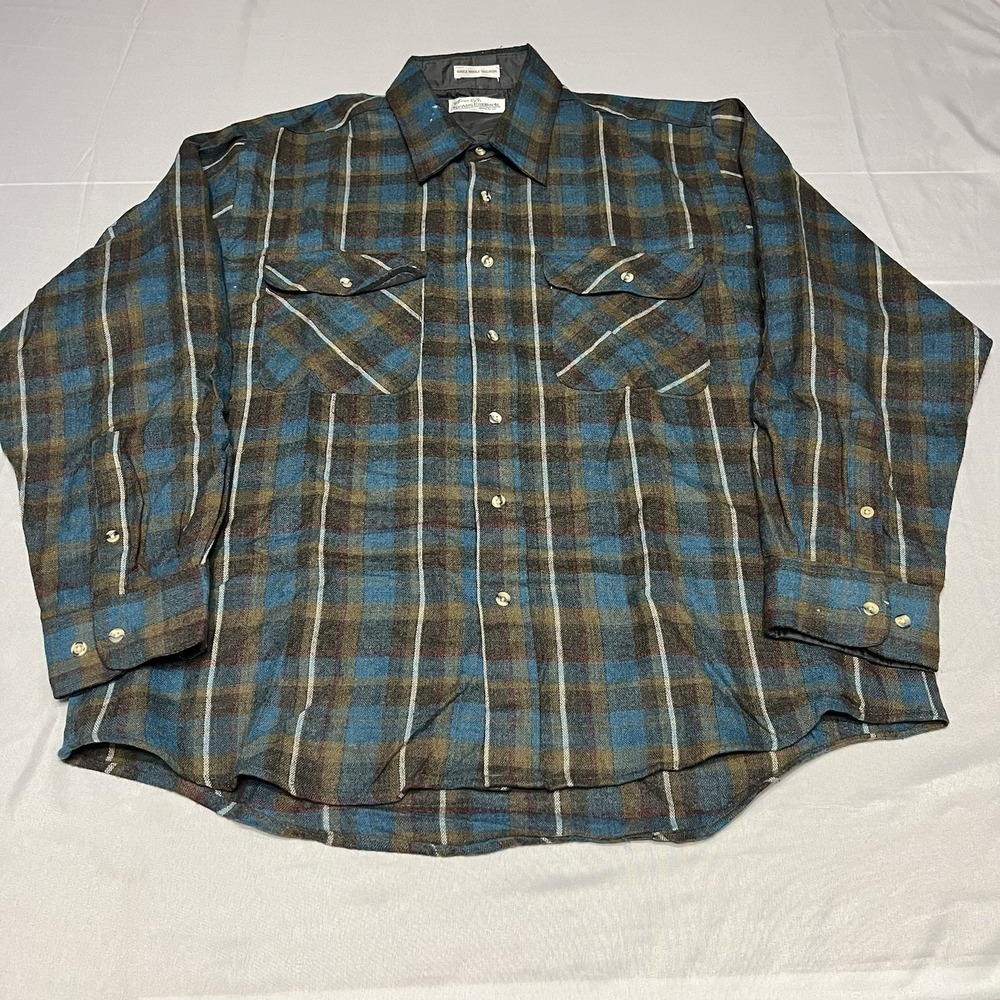 VTG Sears Roebuck Shirt Mens XL Blue Plaid Wool Blend Flannel Korea 80s 90s